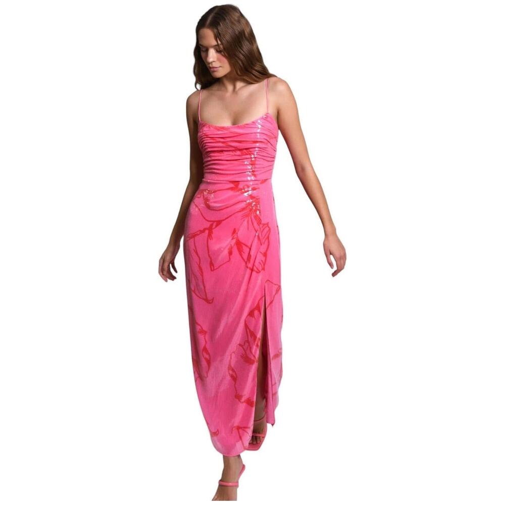Hutch Pink Sequin Floral Ruched Maxi Dress Size 12 Side Slit Wedding Guest - Picture 4 of 5